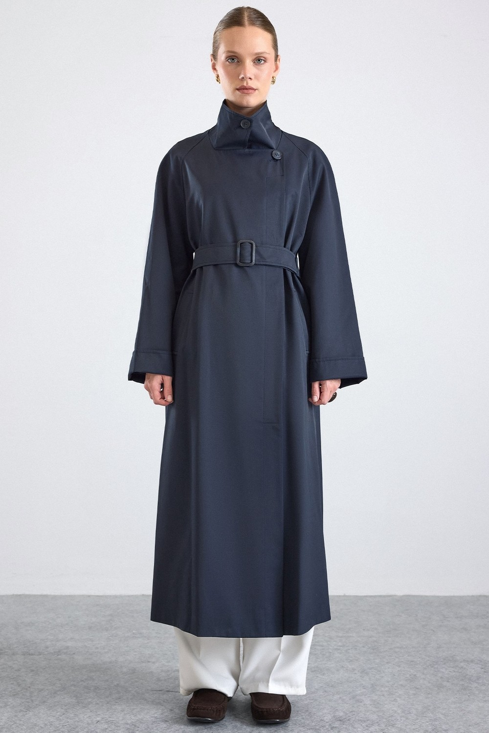 Olcay Dik Yaka Oversize Su Itici Özellikli Trençkot Lacivert 6874 görsel 2