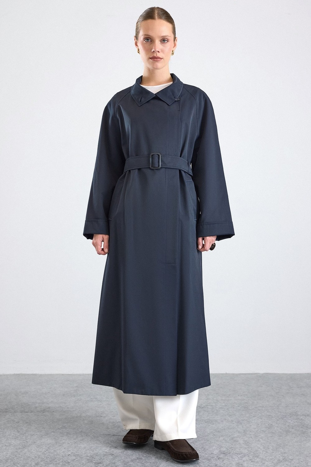 Olcay Dik Yaka Oversize Su Itici Özellikli Trençkot Lacivert 6874 görsel 5