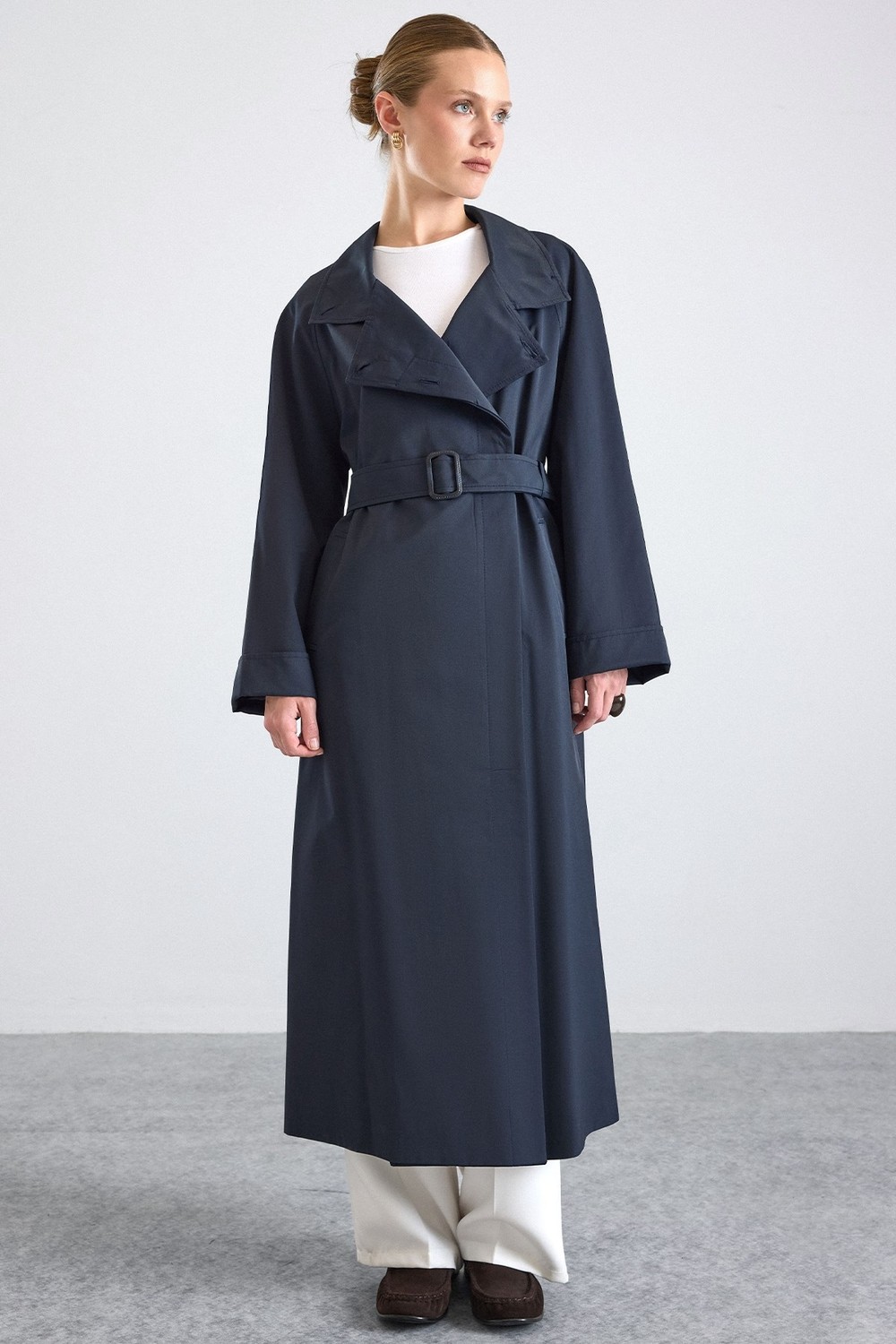 Olcay Dik Yaka Oversize Su Itici Özellikli Trençkot Lacivert 6874 görsel 6