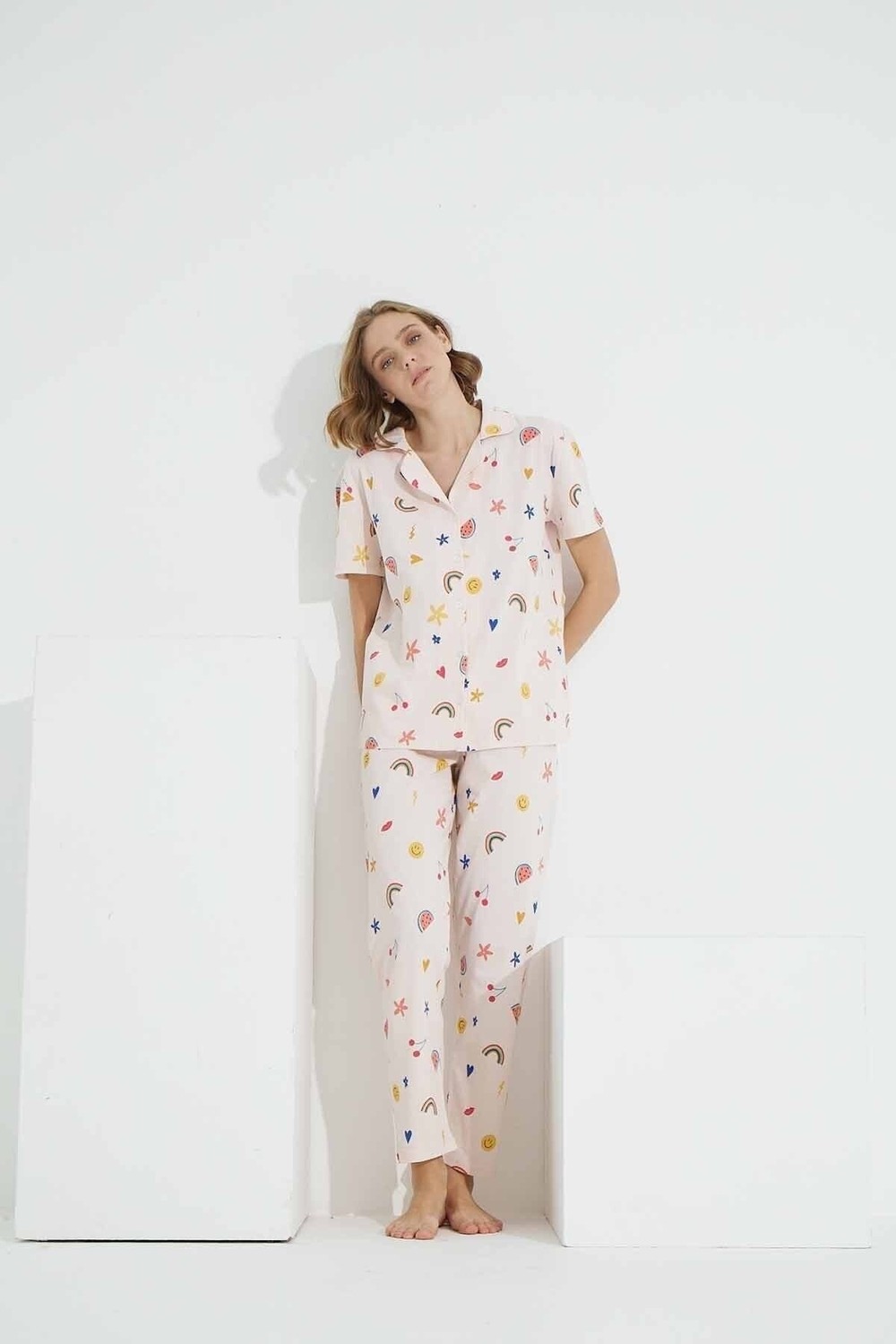 Siyah İnci Desenli Pamuklu Düğmeli Örme Pijama Takımı görsel 2