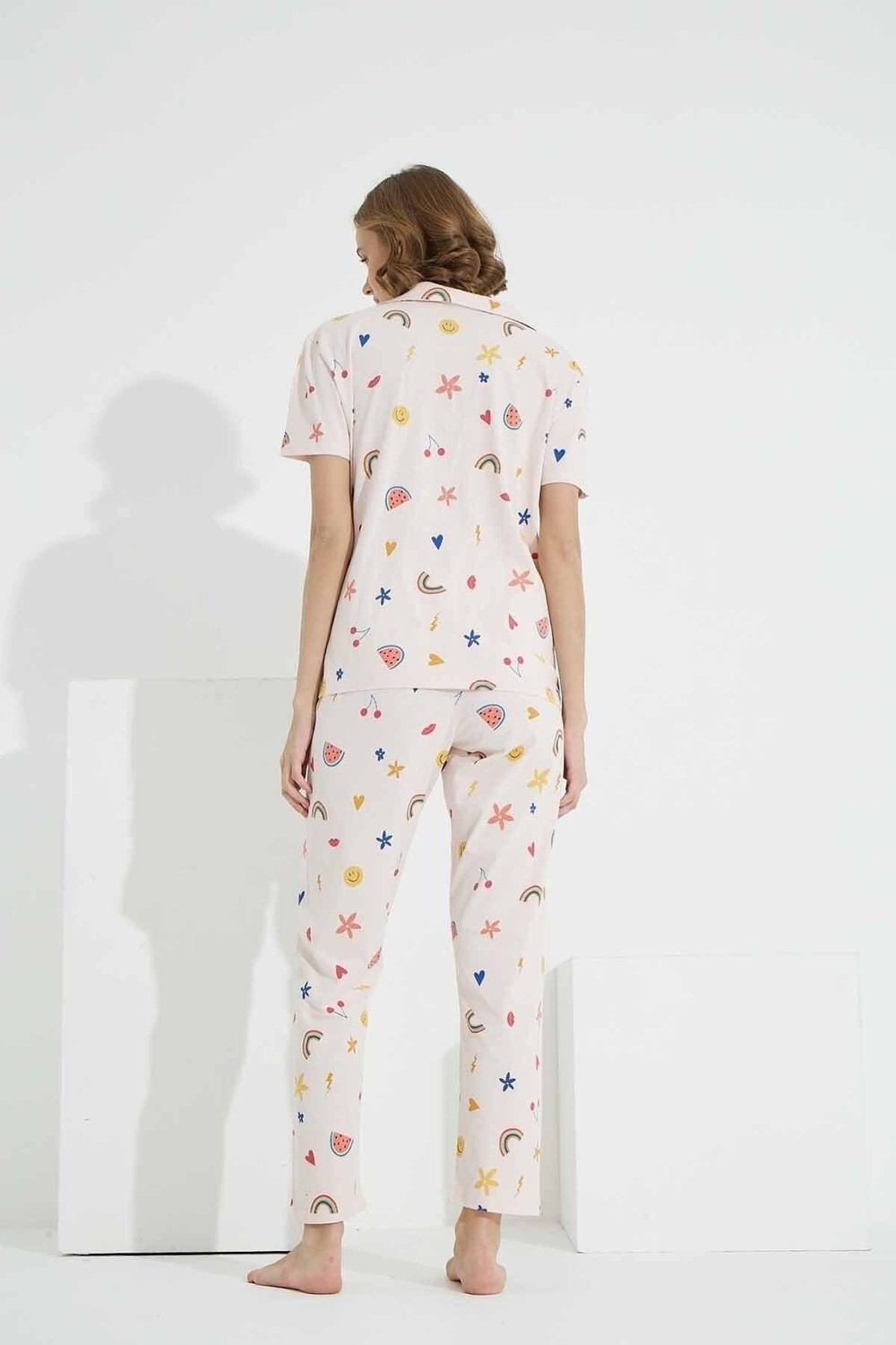 Siyah İnci Desenli Pamuklu Düğmeli Örme Pijama Takımı görsel 3