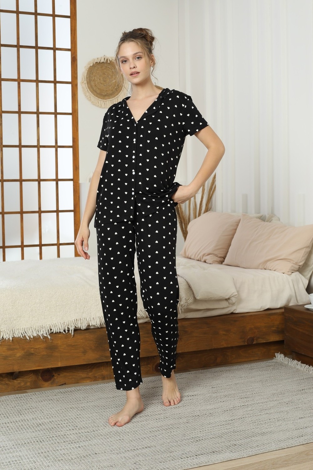 Siyah İnci Desenli Pamuklu Düğmeli Örme Pijama Takımı görsel 6