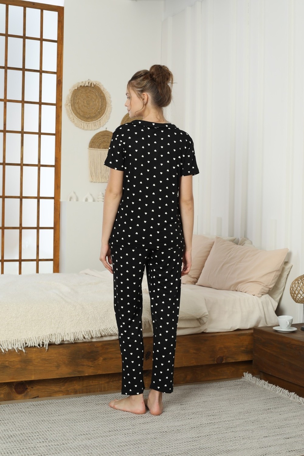 Siyah İnci Desenli Pamuklu Düğmeli Örme Pijama Takımı görsel 7