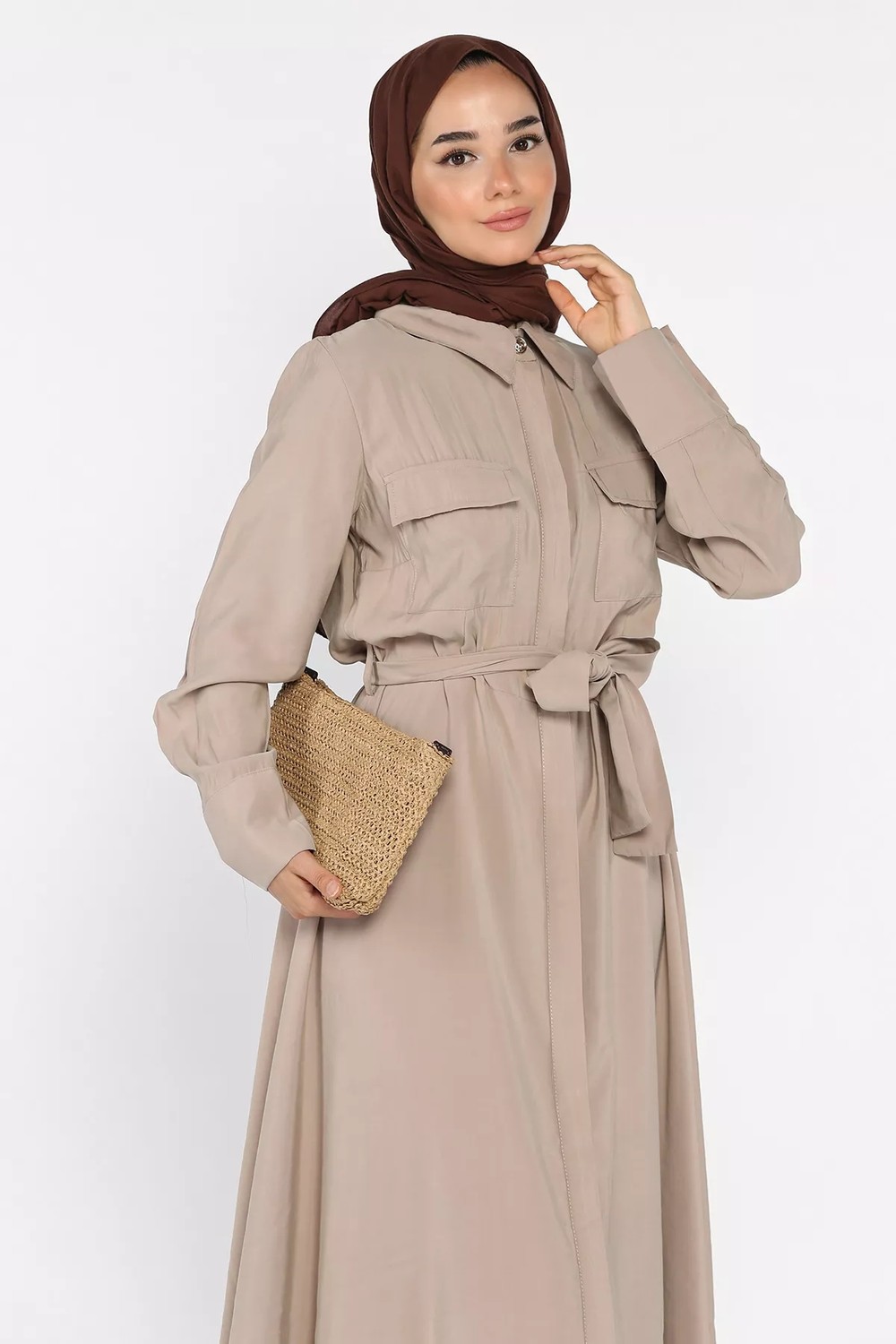 Julude Polo Yaka Bel Kuşaklı Çift Cepli Tesettür Elbise P-00022687 görsel 3