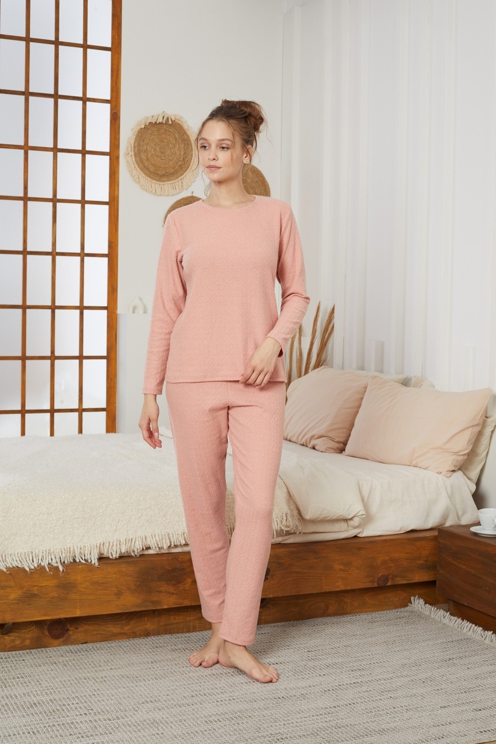 Siyah İnci Pudra Şardonlu Kışlık Örme Pijama TAKIM25226002 görsel 8