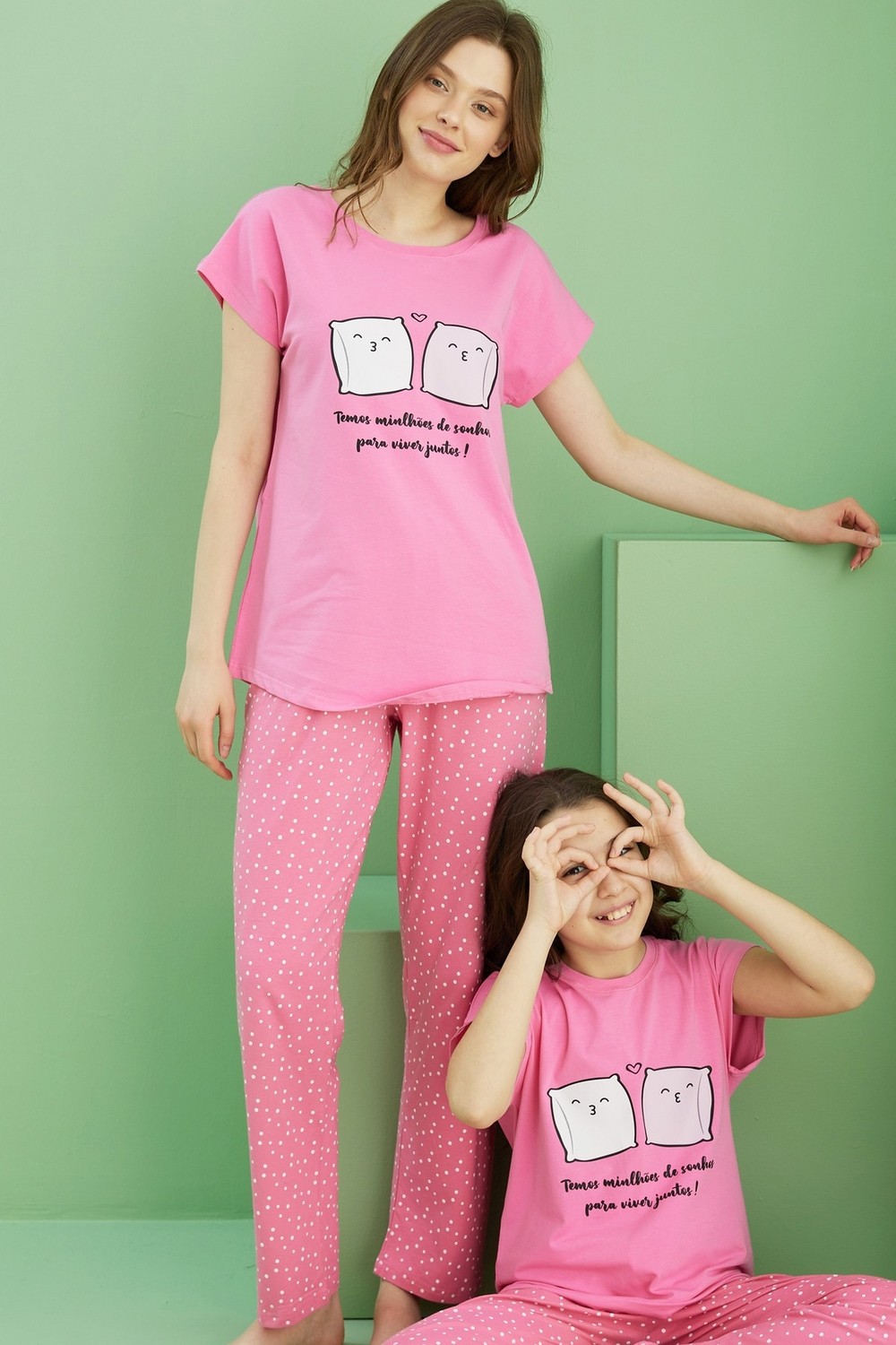 Siyah İnci Pembe Desenli Pamuklu Bisiklet Yaka Örme Pijama TAKIM25117079
