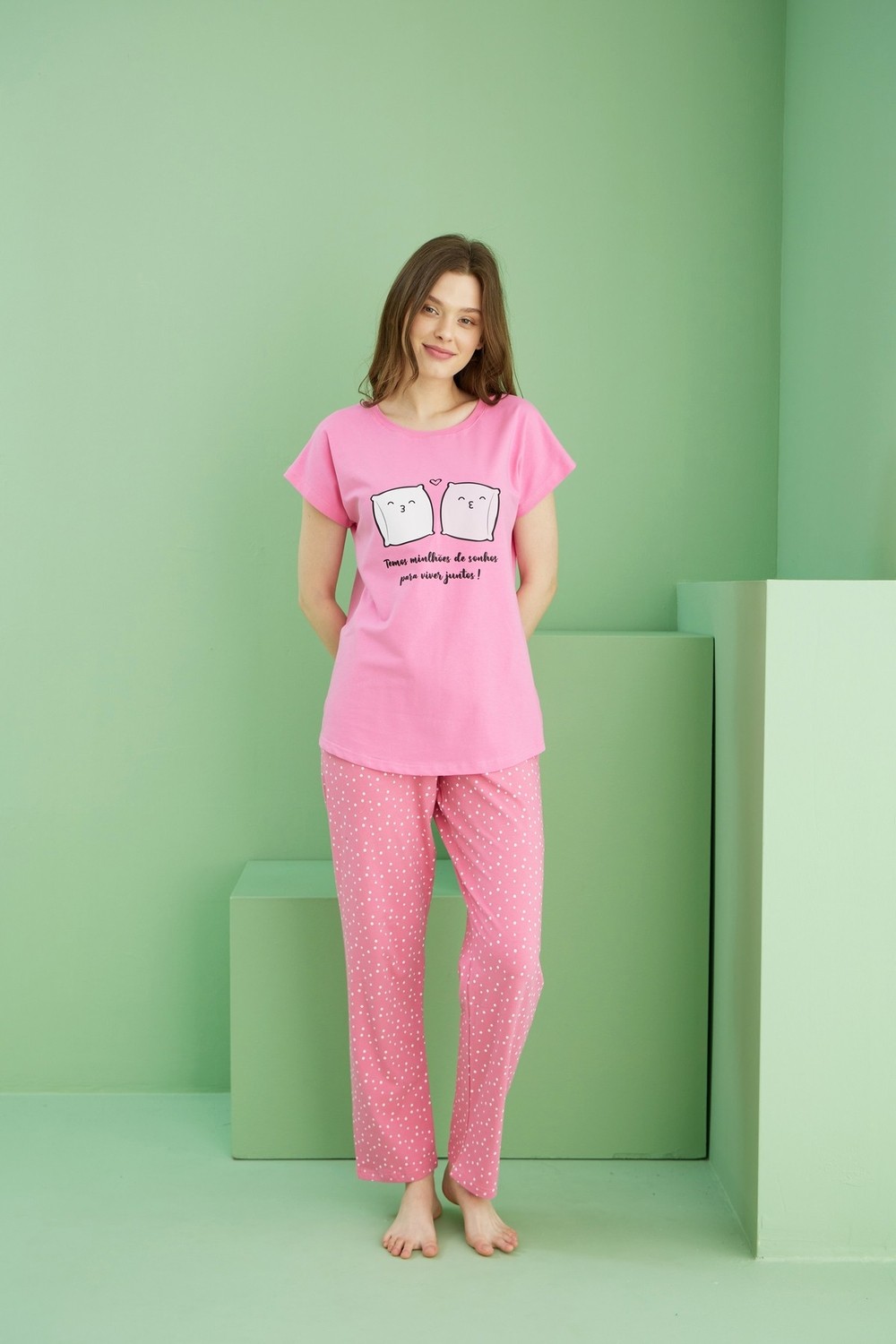Siyah İnci Pembe Desenli Pamuklu Bisiklet Yaka Örme Pijama TAKIM25117079 görsel 2