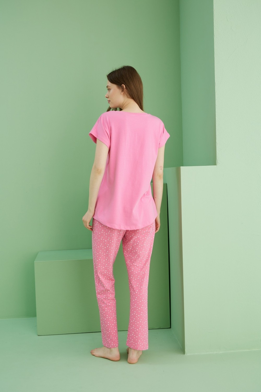 Siyah İnci Pembe Desenli Pamuklu Bisiklet Yaka Örme Pijama TAKIM25117079 görsel 3