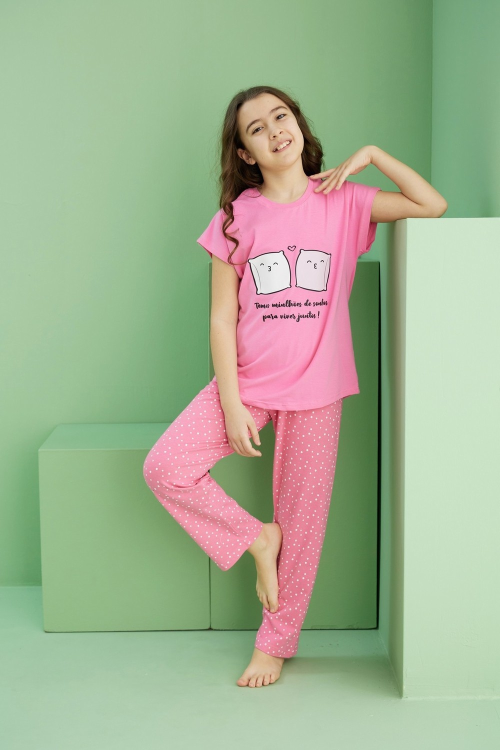 Siyah İnci Pembe Desenli Pamuklu Bisiklet Yaka Örme Pijama TAKIM25117079 görsel 4