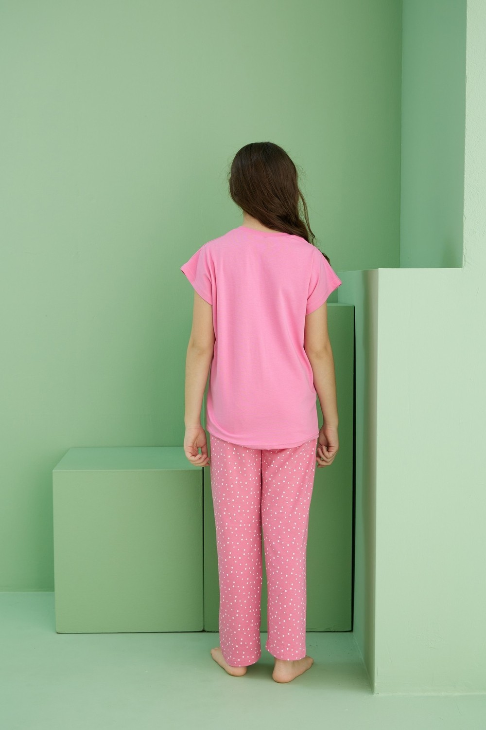 Siyah İnci Pembe Desenli Pamuklu Bisiklet Yaka Örme Pijama TAKIM25117079 görsel 5