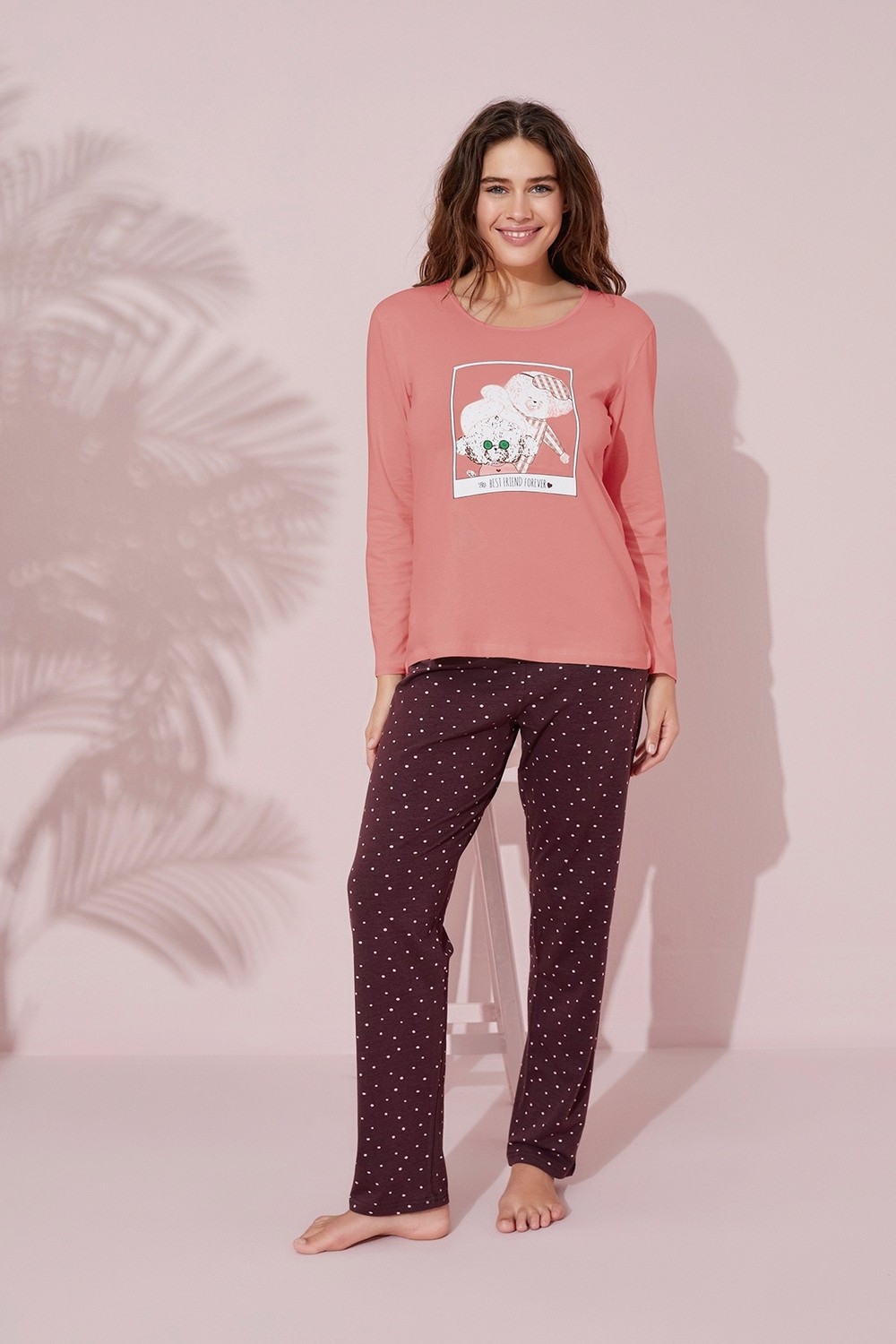 Siyah İnci Koyu Somon Baskılı Pamuklu Örme Pijama Takım 24241103 görsel 2