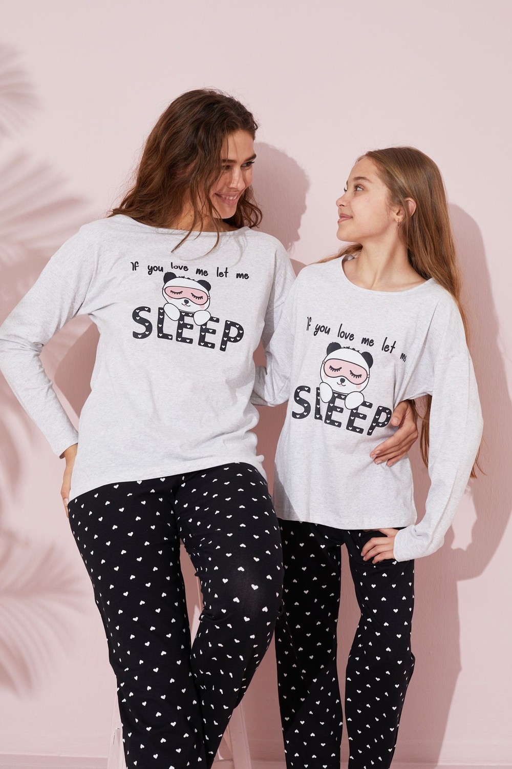 Siyah İnci Gri Baskılı Pamuklu Örme Pijama Takım 24241109