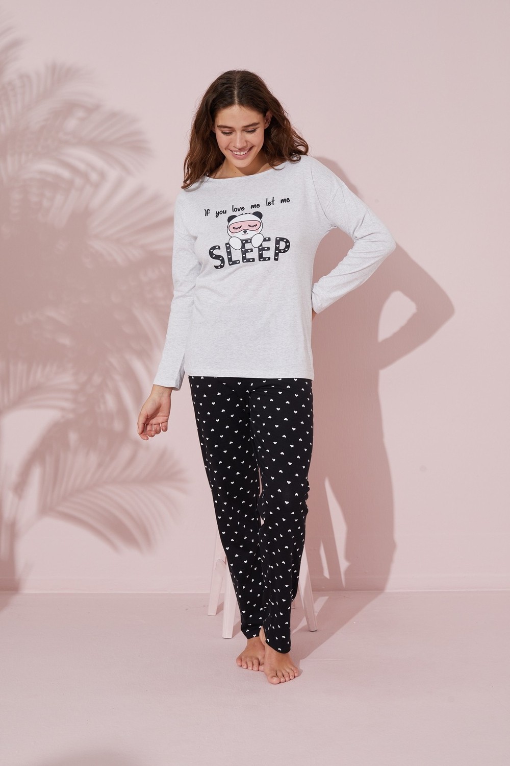 Siyah İnci Gri Baskılı Pamuklu Örme Pijama Takım 24241109 görsel 2