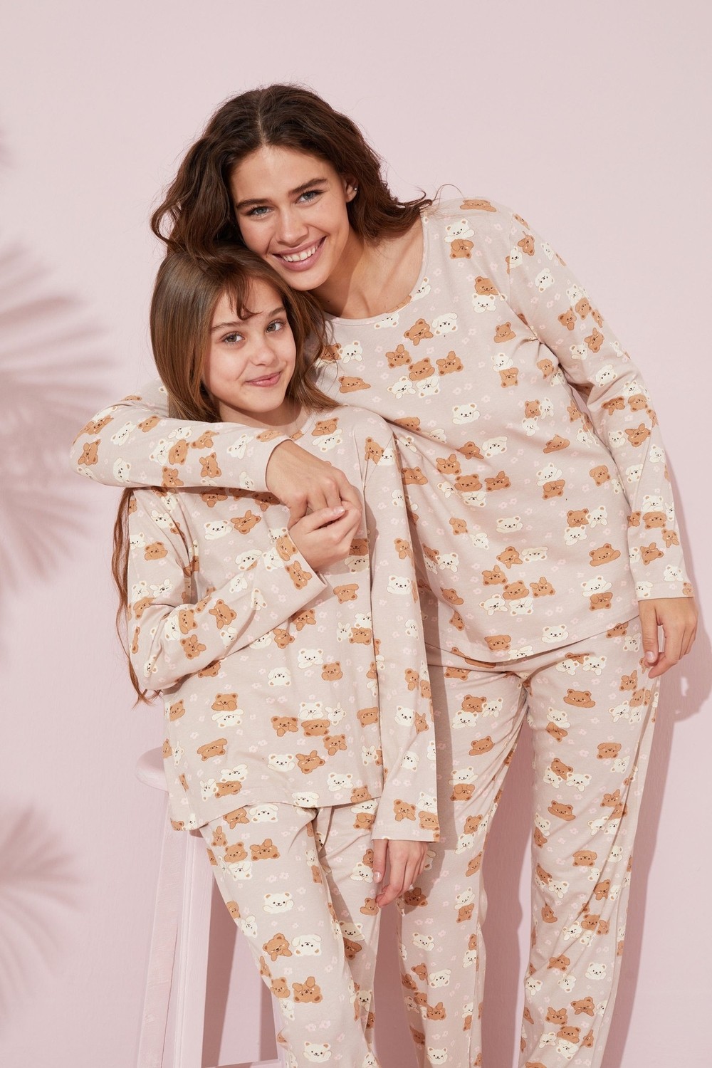 Siyah İnci Bej Ayıcık Desenli Pamuklu Örme Pijama Takım 24241098
