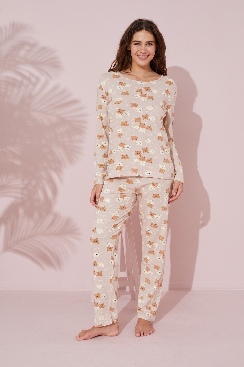 Siyah İnci Bej Ayıcık Desenli Pamuklu Örme Pijama Takım 24241098 görsel 2