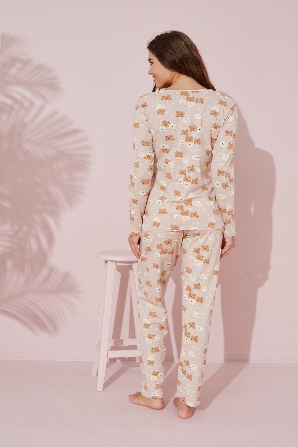 Siyah İnci Bej Ayıcık Desenli Pamuklu Örme Pijama Takım 24241098 görsel 3