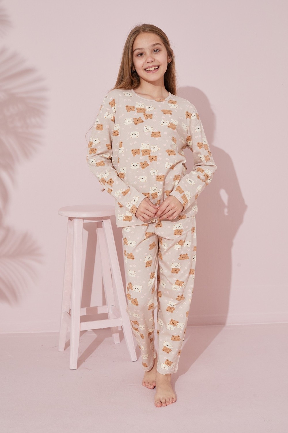 Siyah İnci Bej Ayıcık Desenli Pamuklu Örme Pijama Takım 24241098 görsel 4