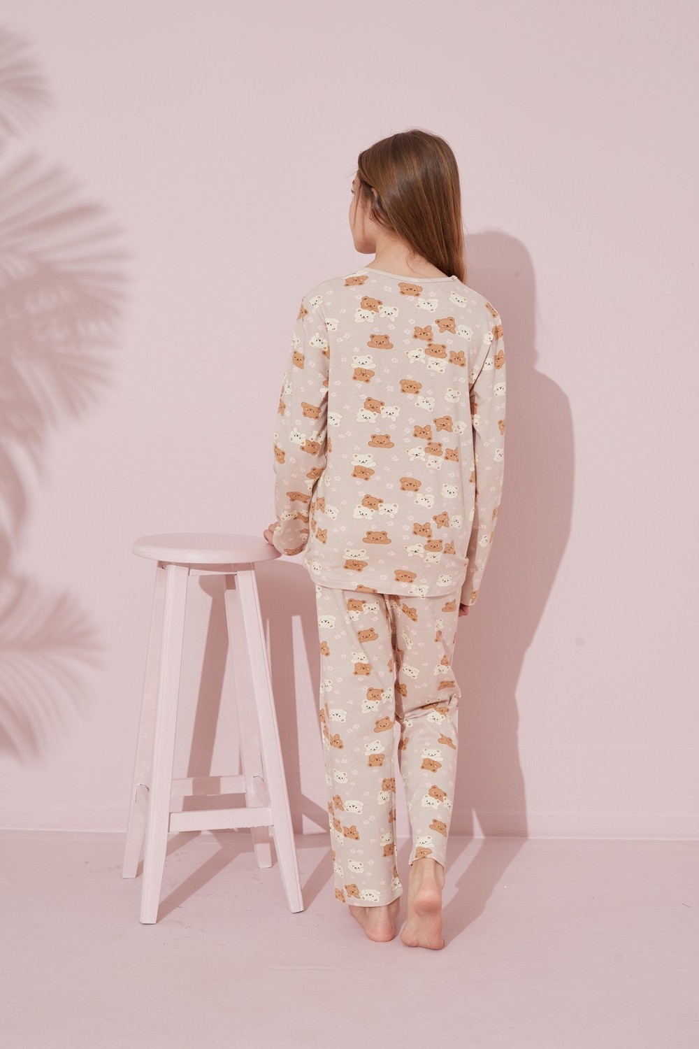 Siyah İnci Bej Ayıcık Desenli Pamuklu Örme Pijama Takım 24241098 görsel 5