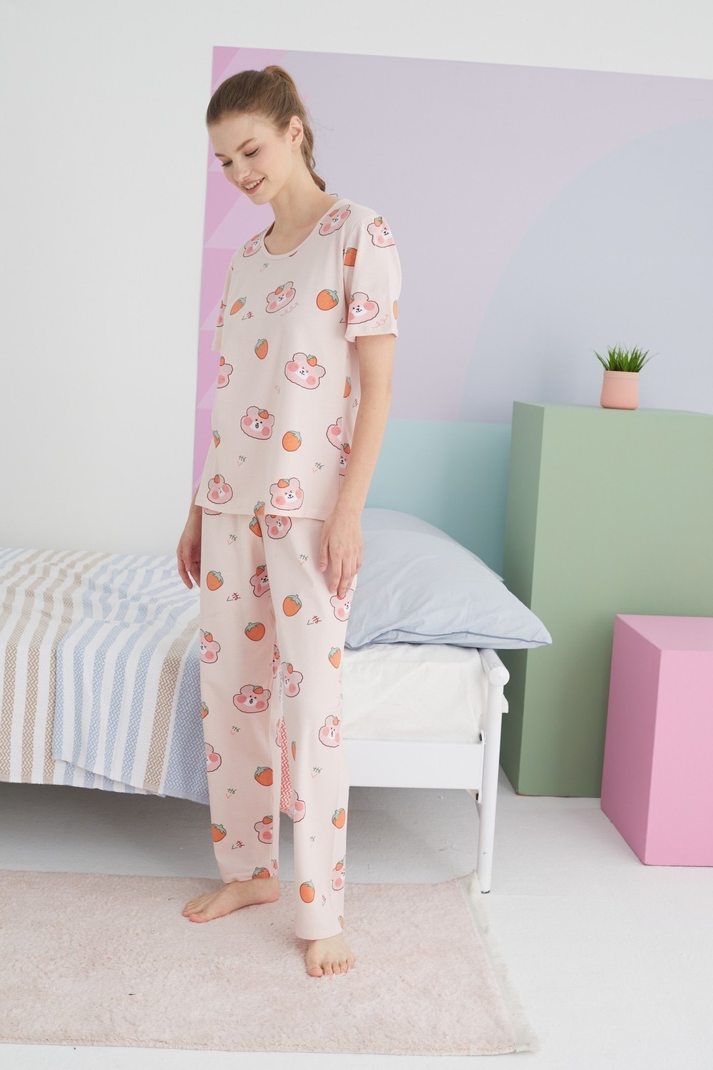 Siyah İnci Çok Renkli Pamuklu Örme Pijama Takım görsel 2