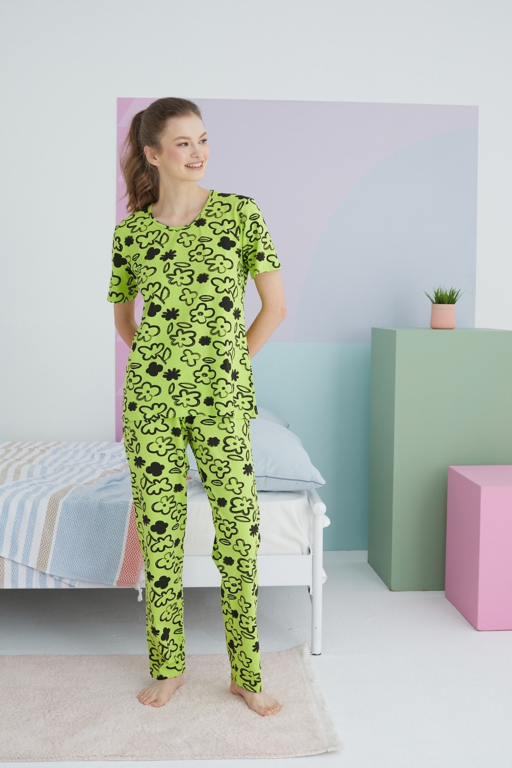 Siyah İnci Çok Renkli Pamuklu Örme Pijama Takım görsel 2