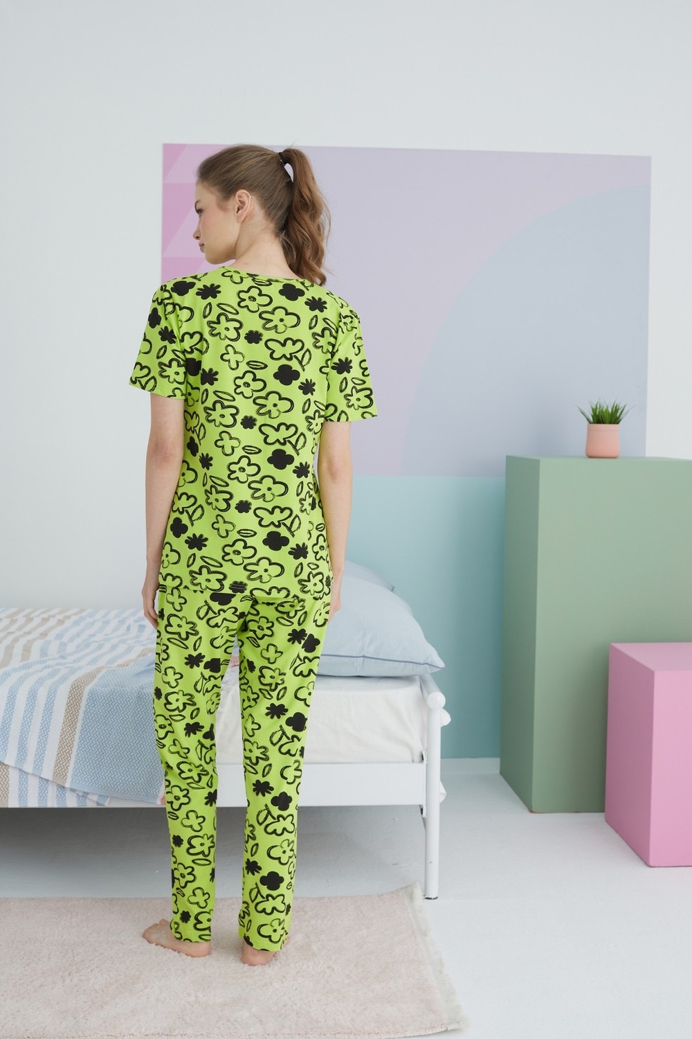 Siyah İnci Çok Renkli Pamuklu Örme Pijama Takım görsel 3