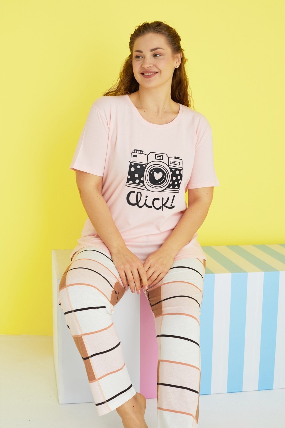 Siyah İnci Çok Renkli Curve Büyük Beden Battal Boy Örme Pijama Takımı