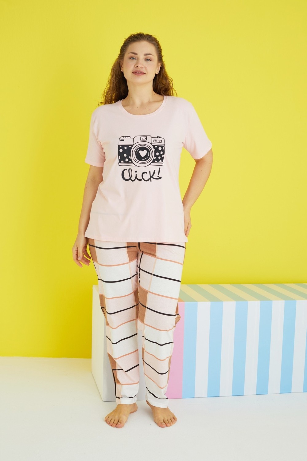 Siyah İnci Çok Renkli Curve Büyük Beden Battal Boy Örme Pijama Takımı görsel 2