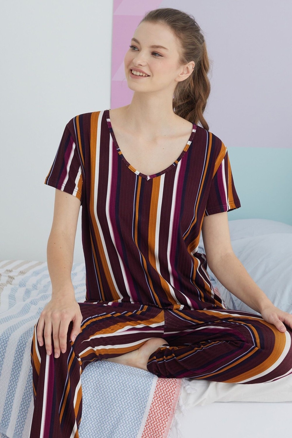 Siyah İnci Çok Renkli Kakorse Pamuklu Örme Pijama Takım