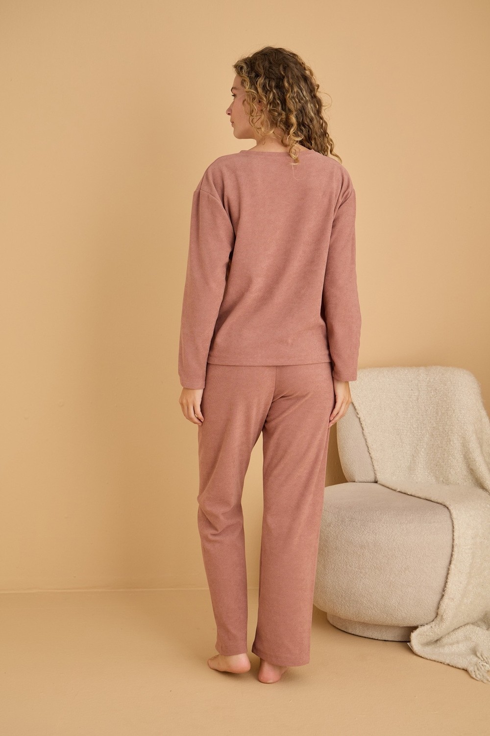 Siyah İnci Pudra Nakışlı Havlu Kumaş Örme Pijama TAKIM25226008 görsel 6