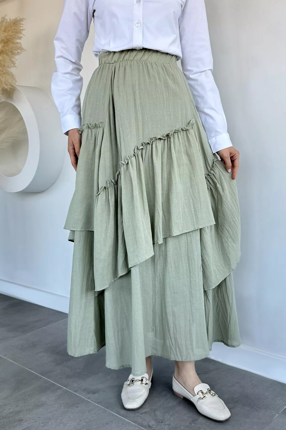 Tozlu Bel Lastikli Iç Astarlı Vual Tesettür Etek P-00021236 görsel 3