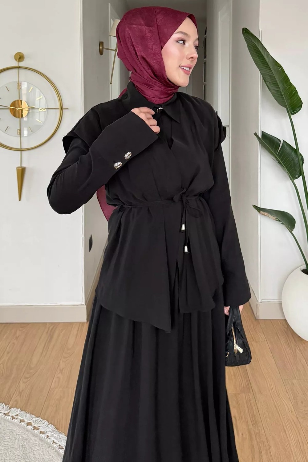 Julude Yelek Kombinli Polo Yaka Bel Lastikli Tesettür Elbise P-00022695 görsel 2