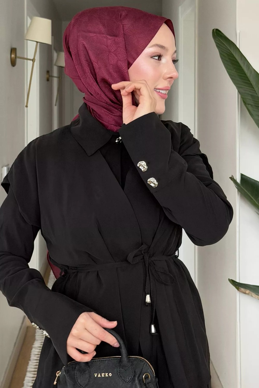Julude Yelek Kombinli Polo Yaka Bel Lastikli Tesettür Elbise P-00022695 görsel 4