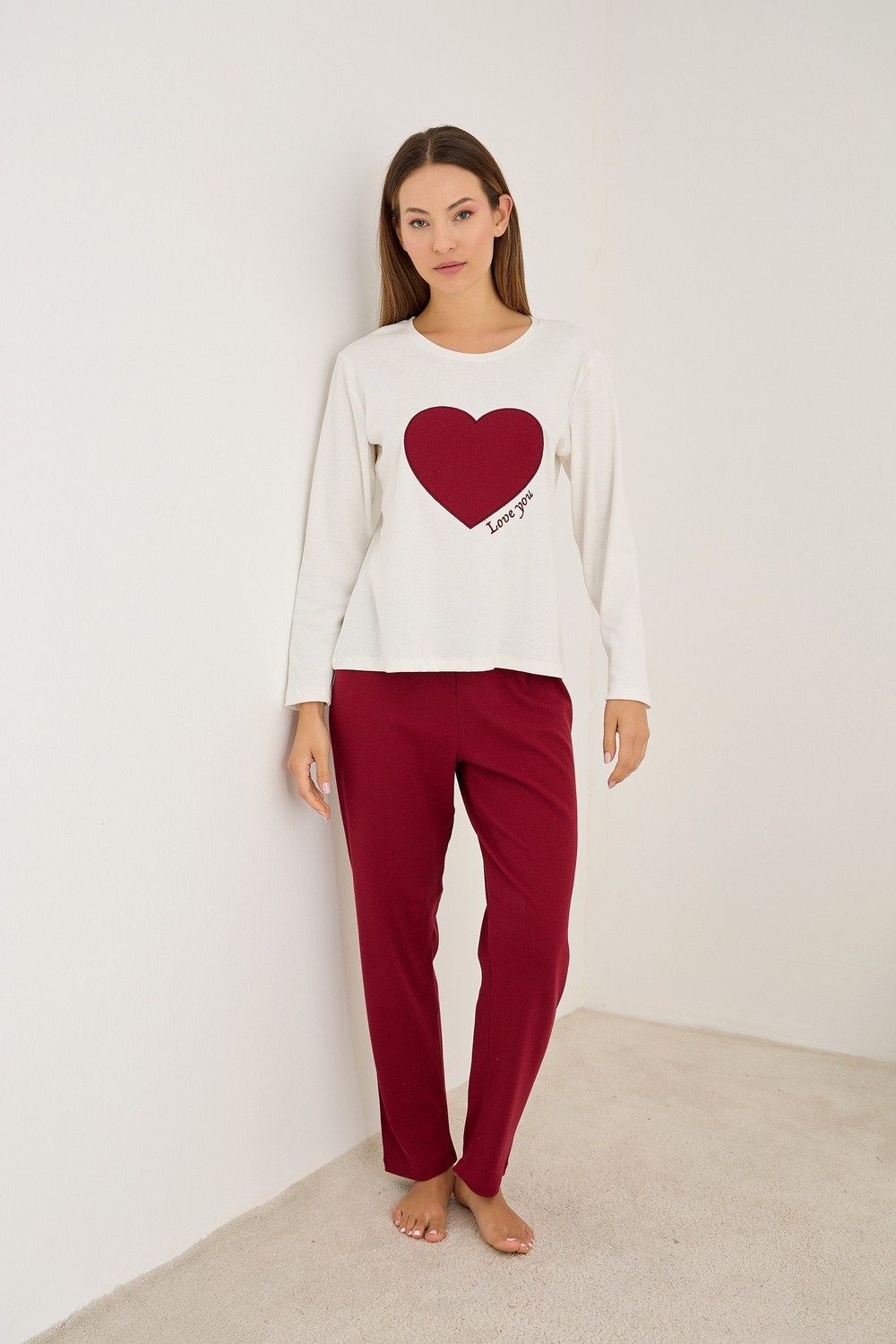 Siyah İnci Bordo Kalp Nakışlı Pamuklu Fitilli Kaşkorse Örme Pijama TAKIM25226013 görsel 2