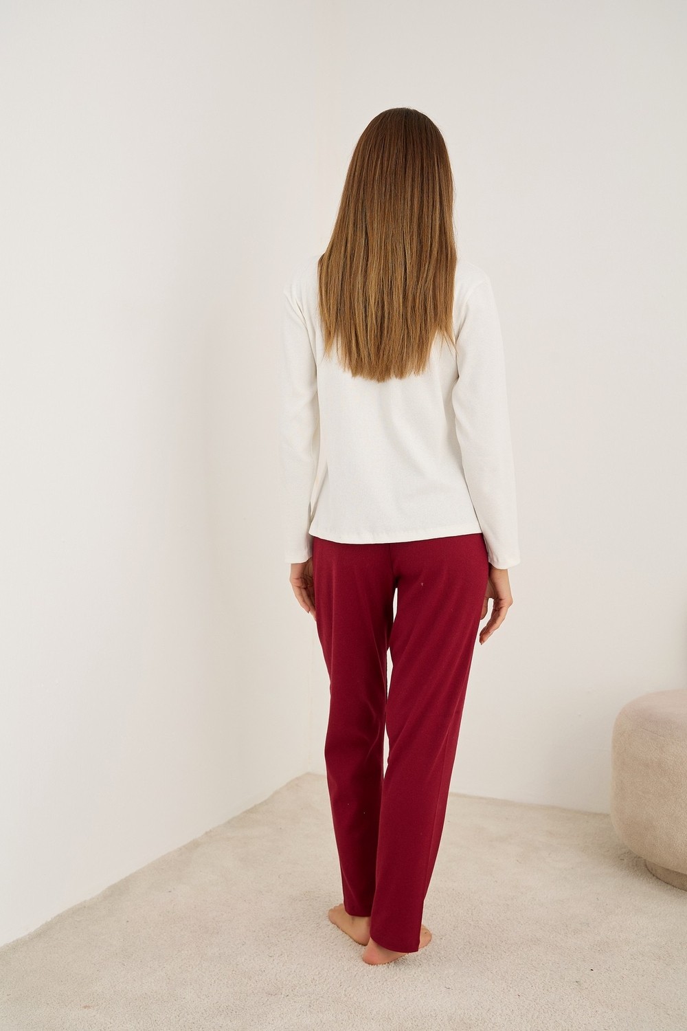 Siyah İnci Bordo Kalp Nakışlı Pamuklu Fitilli Kaşkorse Örme Pijama TAKIM25226013 görsel 3