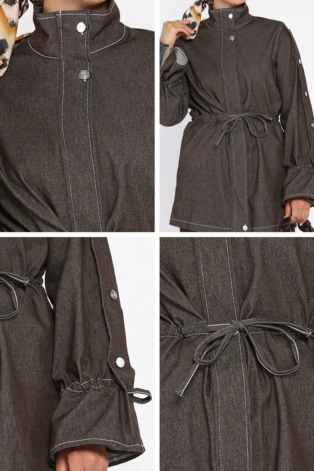 Julude Ön Fermuarlı ve Düğmeli Bel Bağlamalı Jean Kot Ceket Pantolon Tesettür Ikili Takım P-00022681 görsel 5