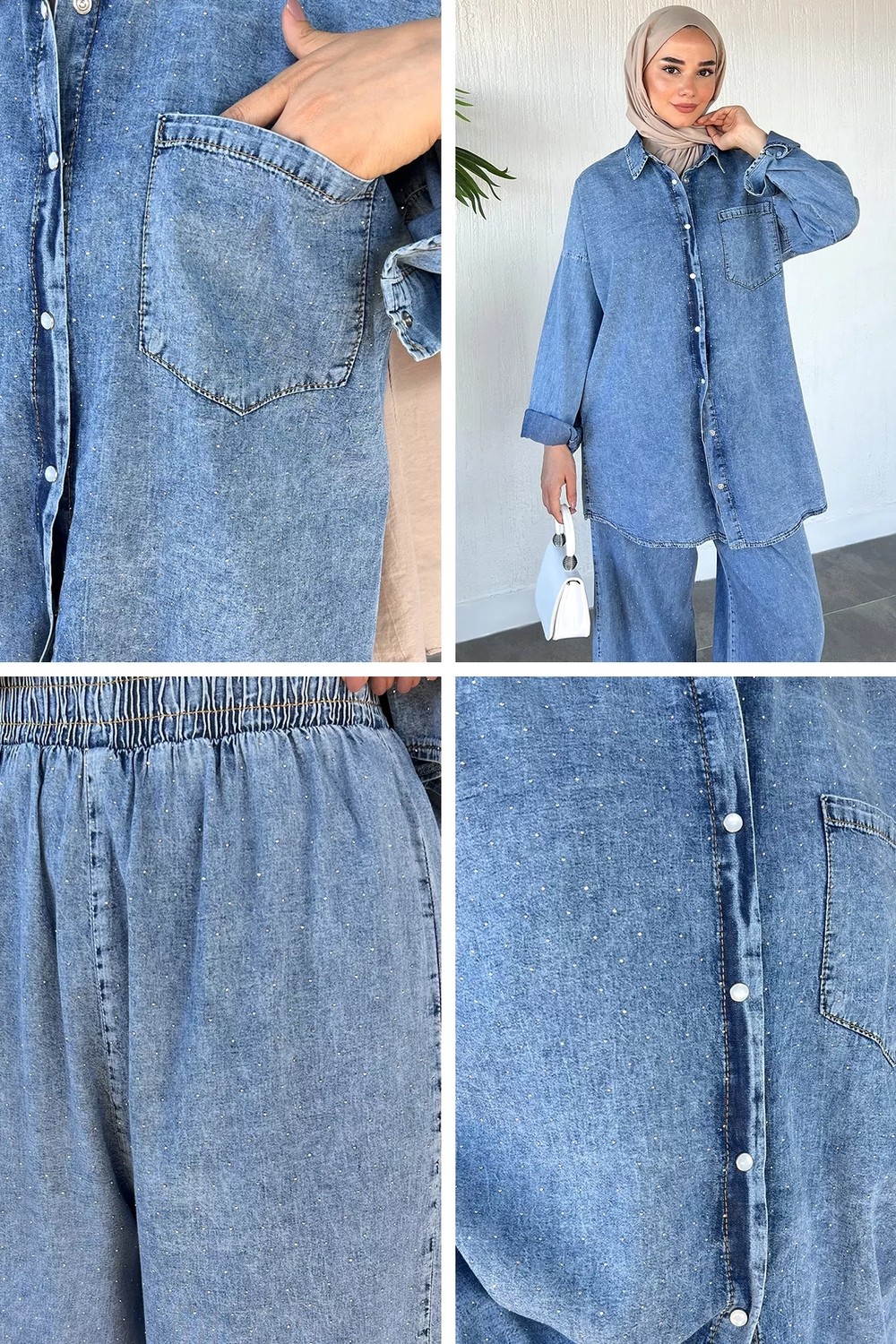 Julude Taş Işlemeli Bel Lastikli Pantolon Ön Çıtçıtlı Tunik Tesettür Ikili Takım P-00022528 görsel 2