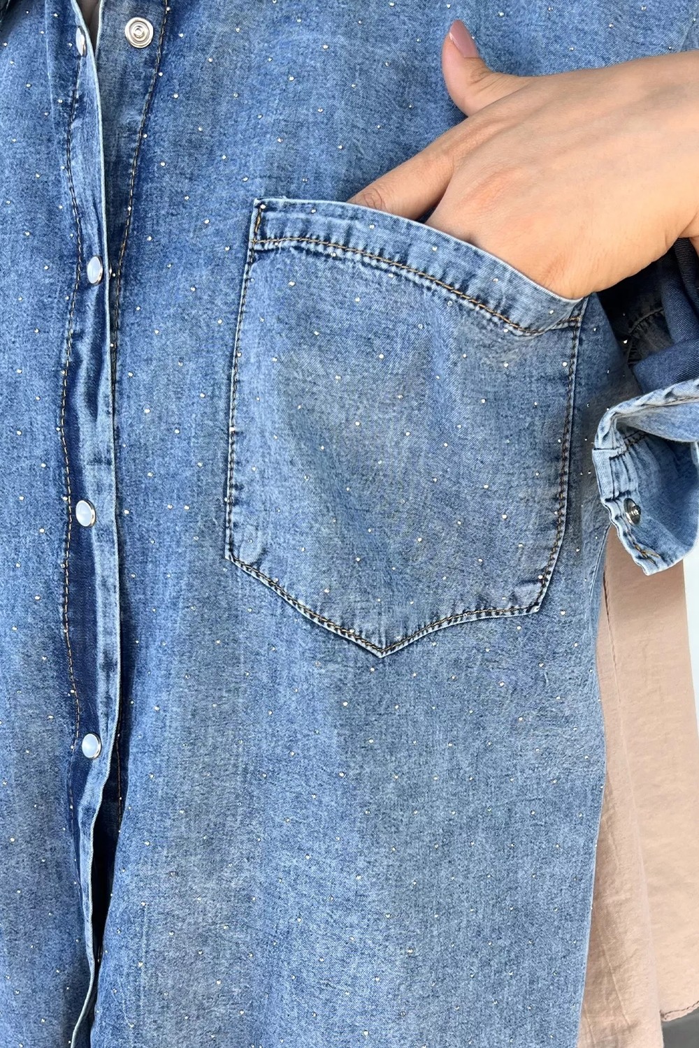 Julude Taş Işlemeli Bel Lastikli Pantolon Ön Çıtçıtlı Tunik Tesettür Ikili Takım P-00022528 görsel 4