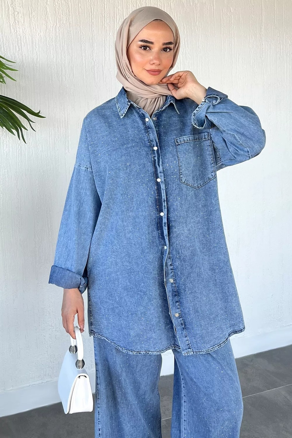Julude Taş Işlemeli Bel Lastikli Pantolon Ön Çıtçıtlı Tunik Tesettür Ikili Takım P-00022528 görsel 5