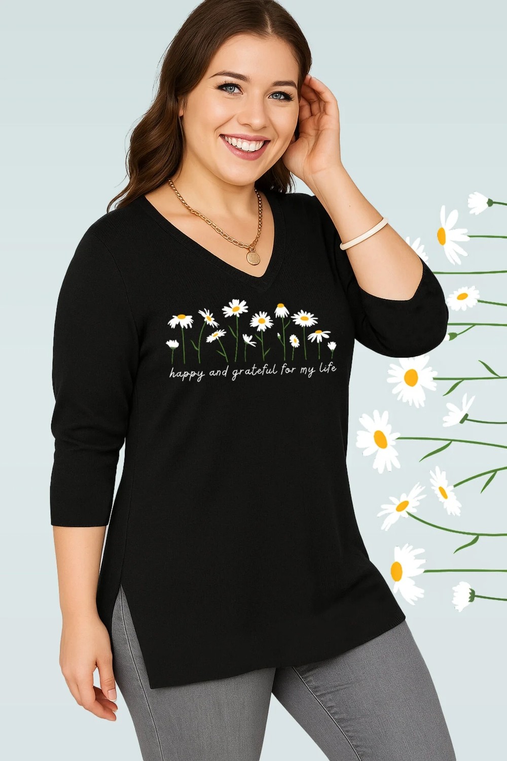 Curvy Trend Büyük Beden Daisies Baskılı V Yaka Uzun Kol Yan Yırtmaçlı Bluz Siyah