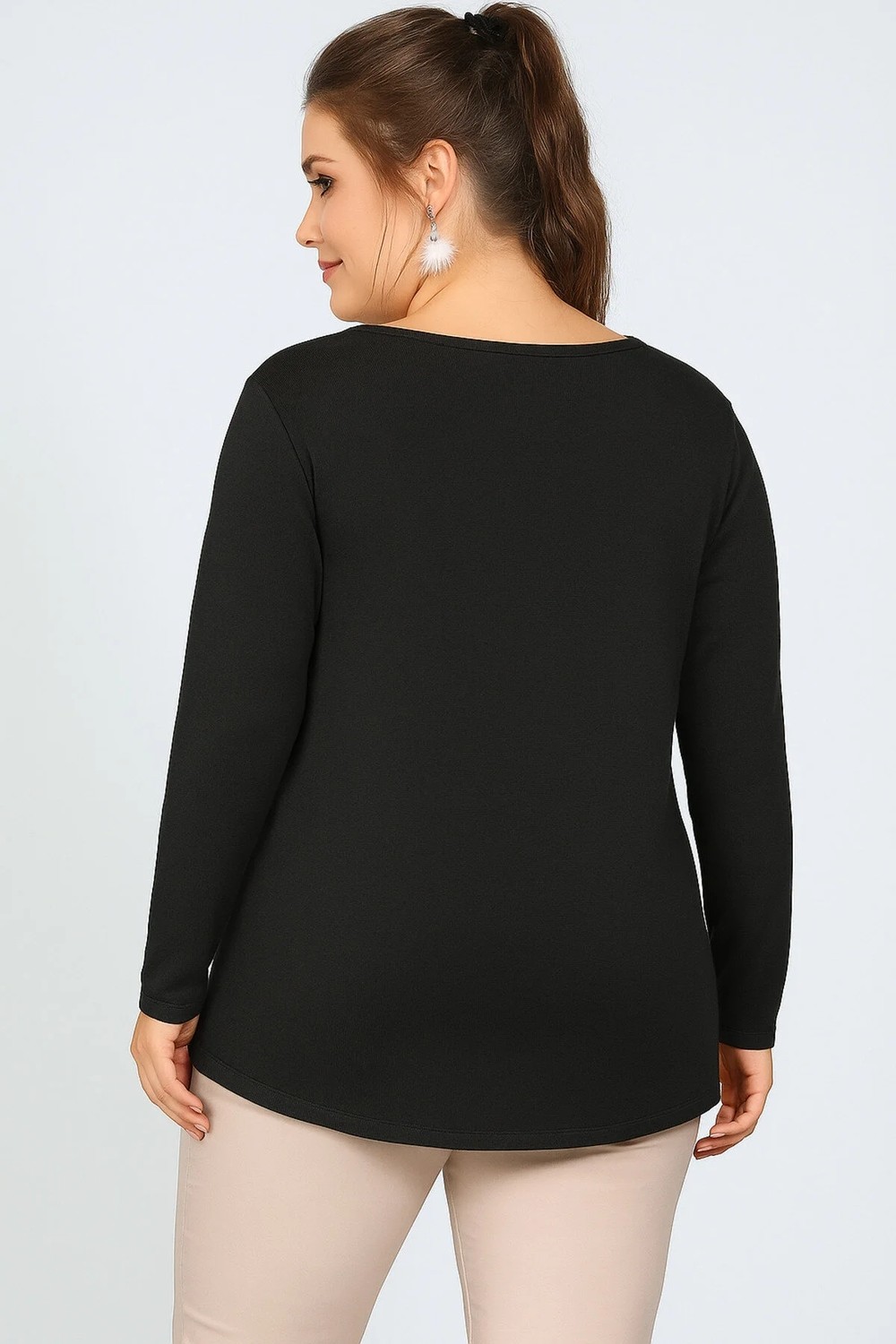 Curvy Trend Büyük Beden Asimetrik Yaka ve Omuz Inci Işlemeli V Yaka Uzun Kol Yan Yırtmaçlı Bluz Siyah görsel 2
