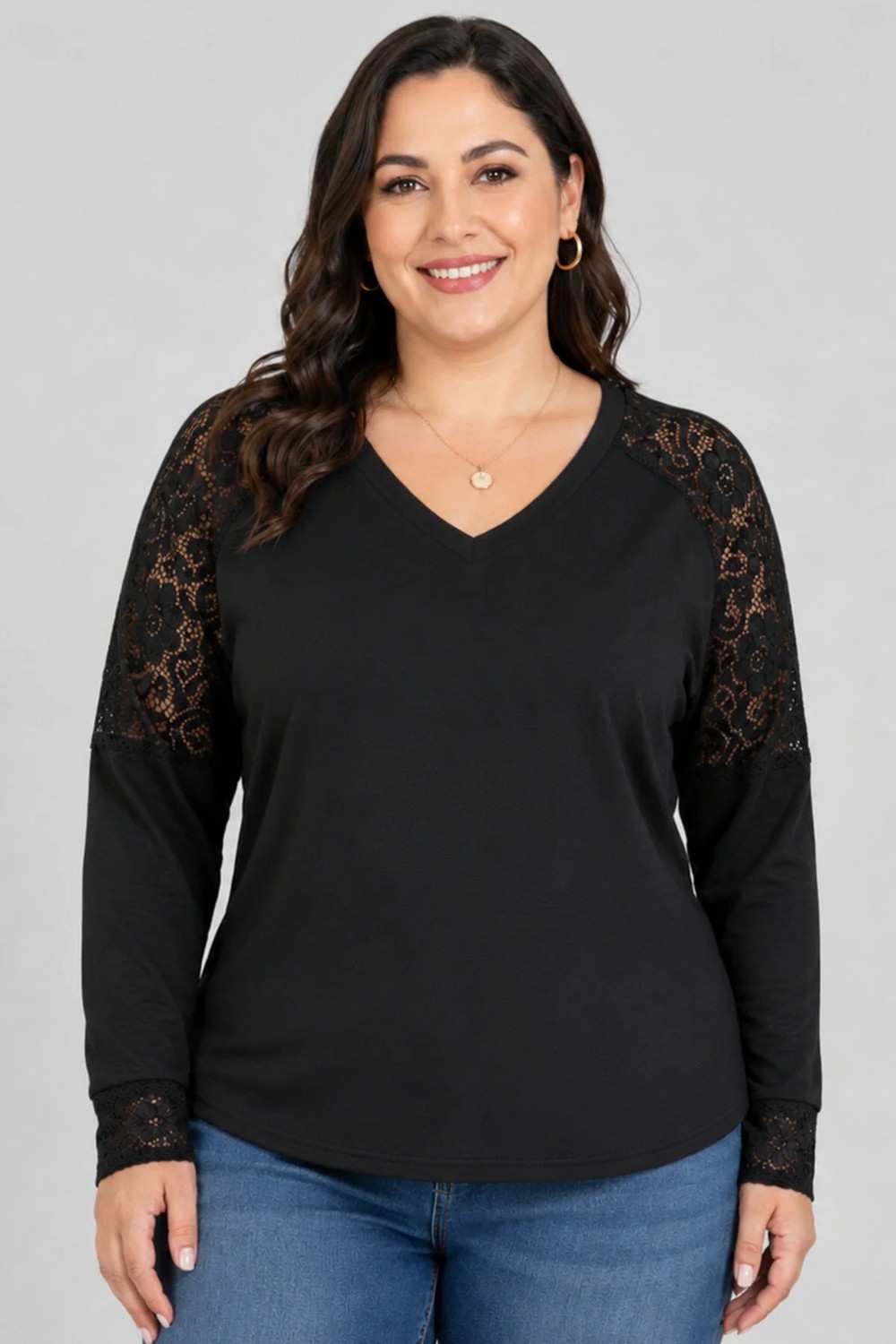 Curvy Trend Büyük Beden Reglan Kol ve Kol Ucu Dantelli Viskon Bluz Siyah