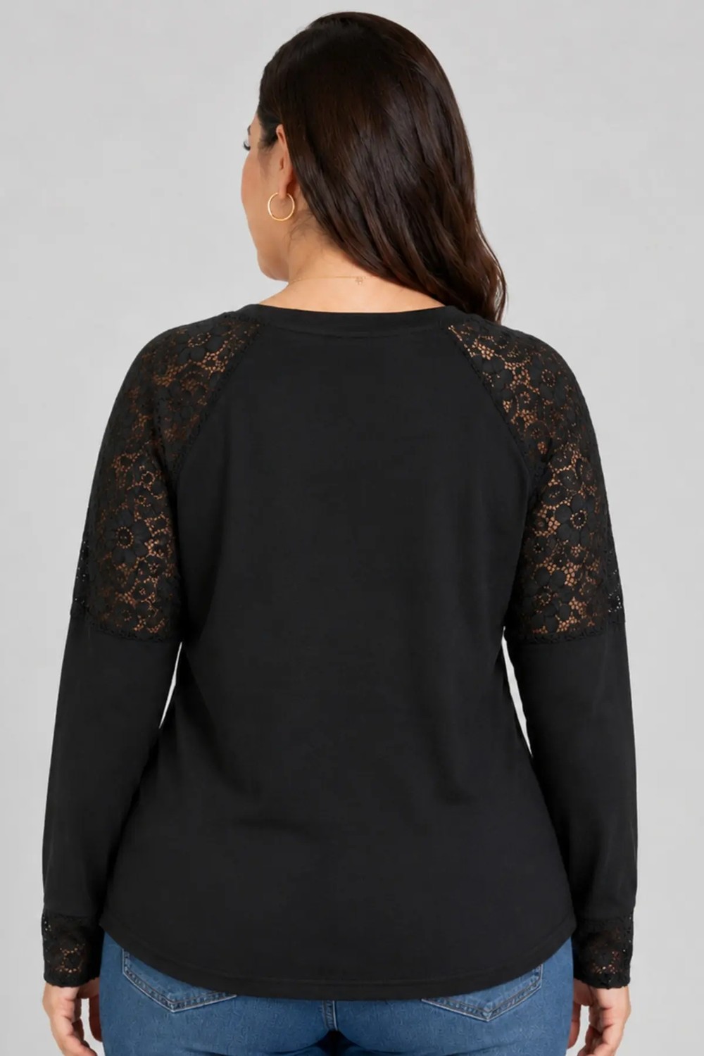 Curvy Trend Büyük Beden Reglan Kol ve Kol Ucu Dantelli Viskon Bluz Siyah görsel 3
