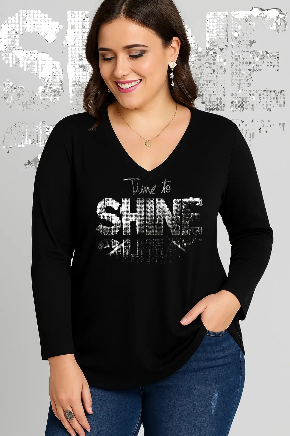 Curvy Trend Büyük Beden Shine Baskılı V Yaka Uzun Kol Geniş Etekli Bluz Siyah