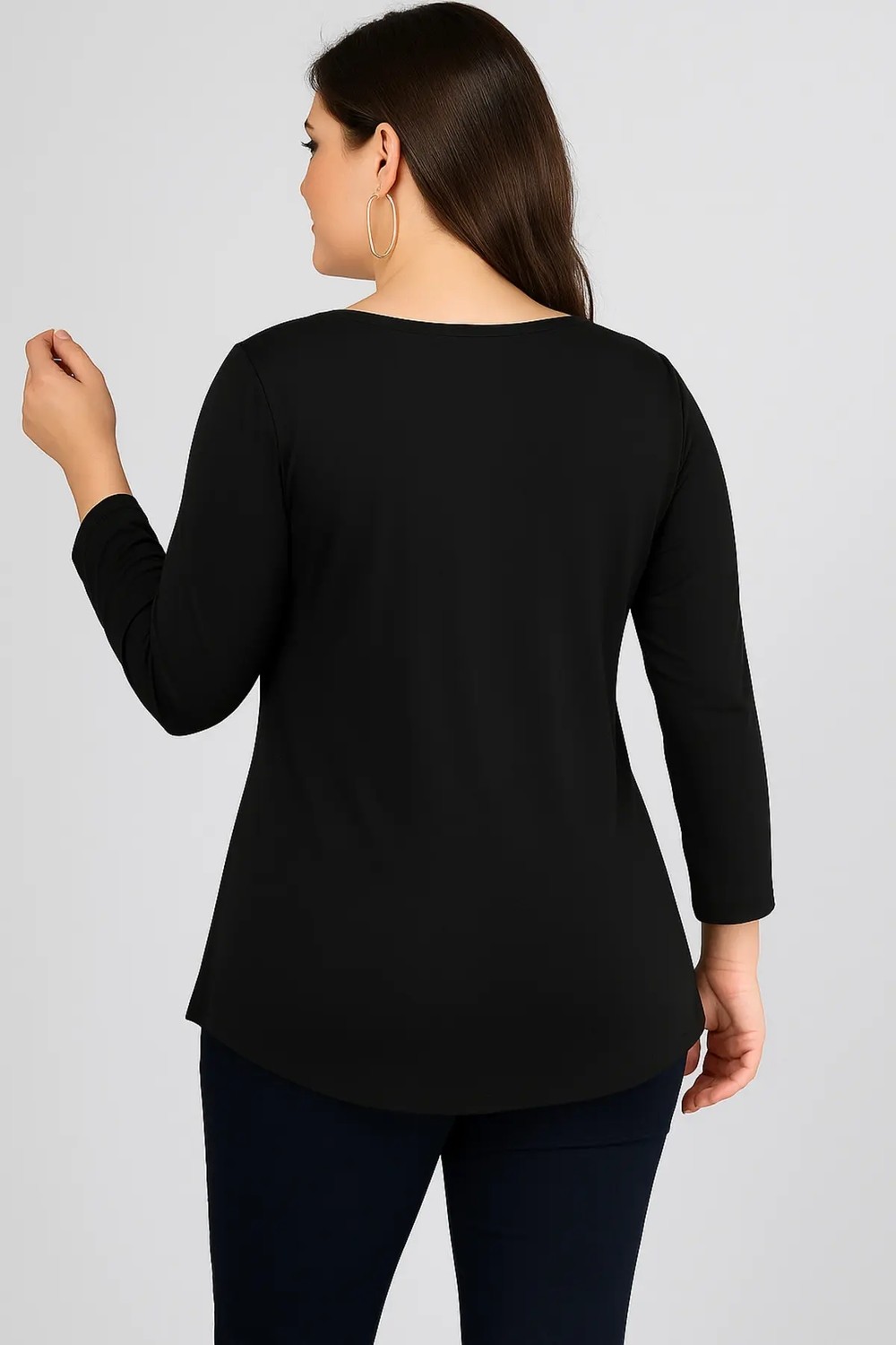 Curvy Trend Büyük Beden Shine Baskılı V Yaka Uzun Kol Geniş Etekli Bluz Siyah görsel 2