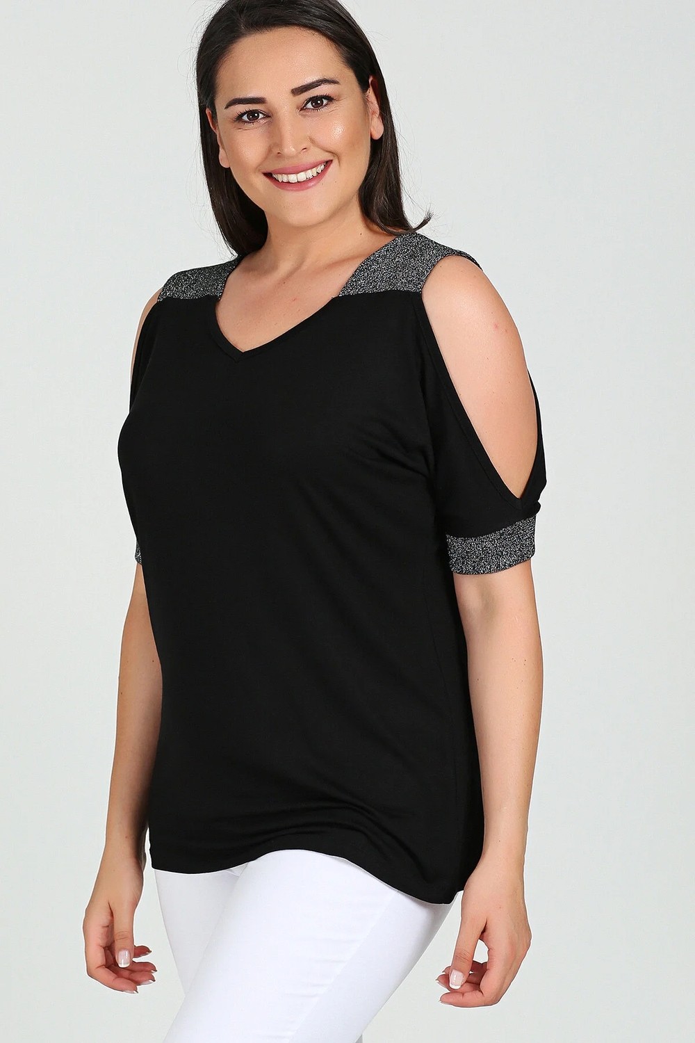 Curvy Trend Büyük Beden Askı Kol Simli Bluz görsel 2