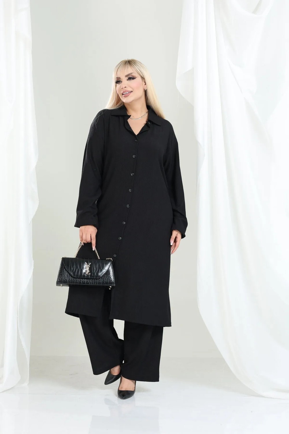 Şuranur Bürümcük Gömlek Yaka Tunik Takım Düğmeli Tesettüre Uygun 2xl 6xl
