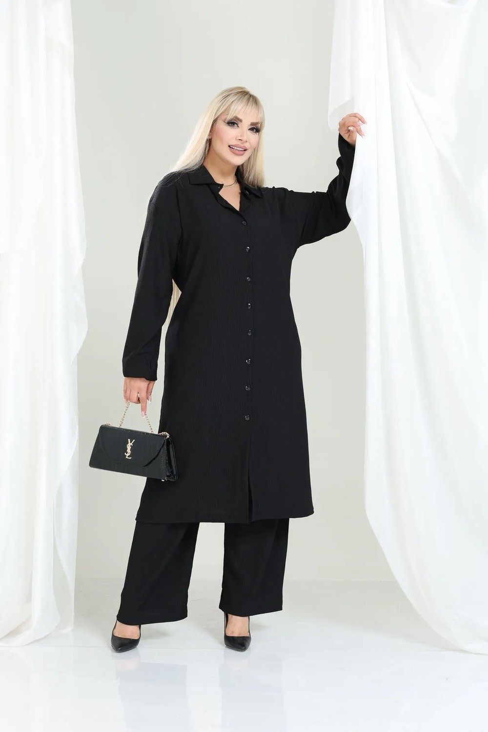 Şuranur Bürümcük Gömlek Yaka Tunik Takım Düğmeli Tesettüre Uygun 2xl 6xl görsel 3