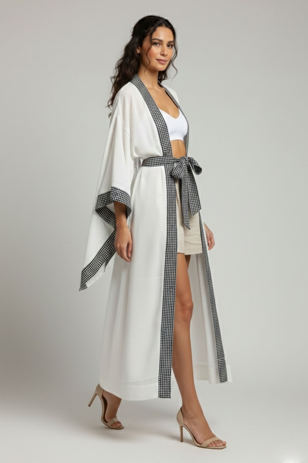Deriderim Luna Ekru Desen Şeritli Plaj Kimono Yazlık Elbise Kaftan
