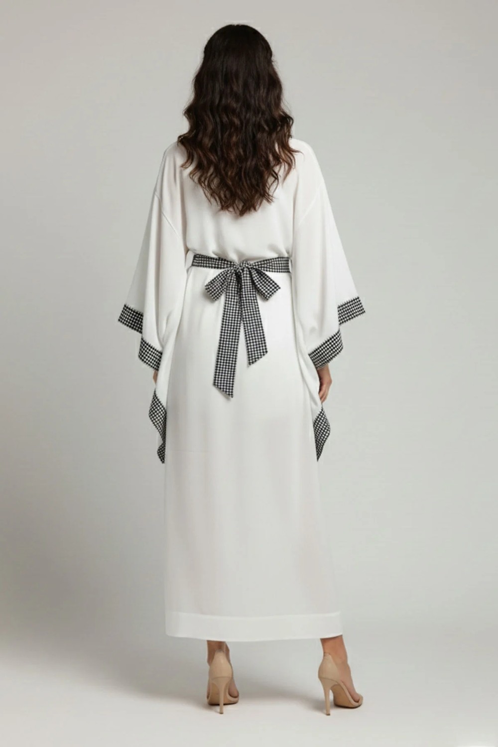 Deriderim Luna Ekru Desen Şeritli Plaj Kimono Yazlık Elbise Kaftan görsel 2