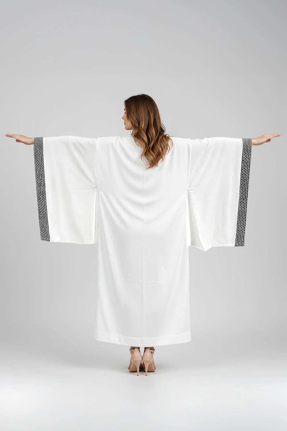 Deriderim Luna Ekru Desen Şeritli Plaj Kimono Yazlık Elbise Kaftan görsel 6